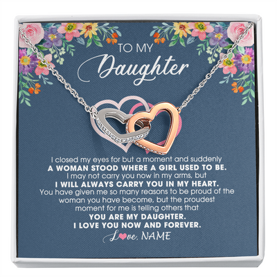 Interlocking Hearts Necklace | Personalized To My Daughter Necklace From Dad Father Mom I Love You Now And Forever Jewelry For Daughter Birthday Graduation Christmas Customized Message Card | siriusteestore