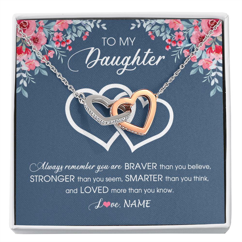 Interlocking Hearts Necklace | Personalized To My Daughter Necklace From Dad Mom Braver Stronger Smarter Loved Daughter Jewelry Birthday Graduation Christmas Customized Message Card | siriusteestore