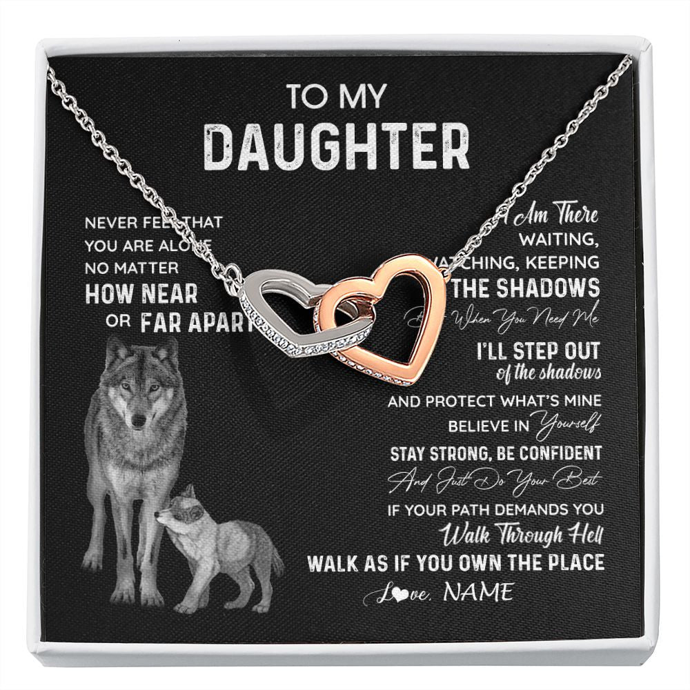 Interlocking Hearts Necklace | Personalized To My Daughter Necklace From Dad Mom Mother Never Feel You Are Alone Wolf Daughter Birthday Graduation Christmas Customized Gift Box Message Card | siriusteestore