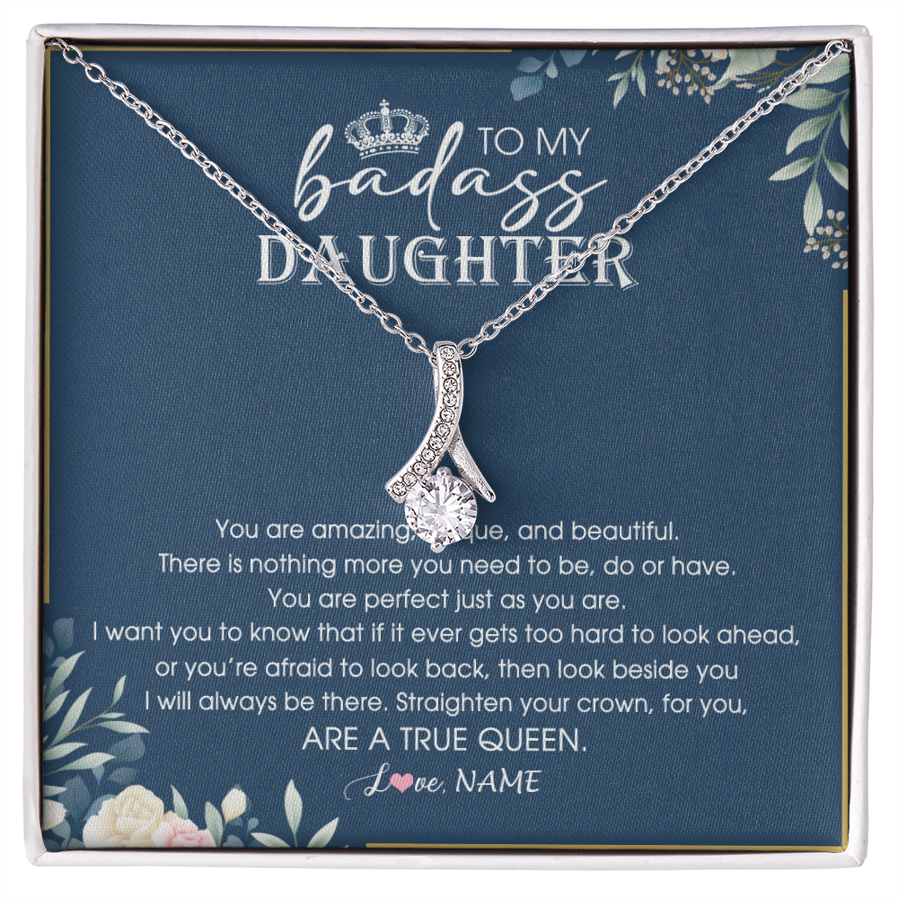 Alluring Beauty Necklace | Personalized To My Daughter Necklace From Dad Mom Straighten Your Crown Queen Daughter Jewelry Birthday Graduation Christmas Customized Gift Box Message Card | siriusteestore