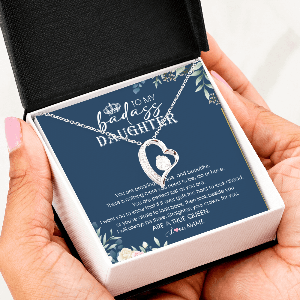 Forever Love Necklace | Personalized To My Daughter Necklace From Dad Mom Straighten Your Crown Queen Daughter Jewelry Birthday Graduation Christmas Customized Gift Box Message Card | siriusteestore