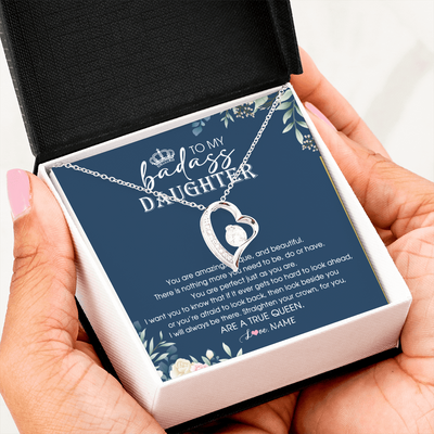 Forever Love Necklace | Personalized To My Daughter Necklace From Dad Mom Straighten Your Crown Queen Daughter Jewelry Birthday Graduation Christmas Customized Gift Box Message Card | siriusteestore