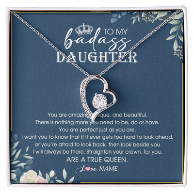 Forever Love Necklace | Personalized To My Daughter Necklace From Dad Mom Straighten Your Crown Queen Daughter Jewelry Birthday Graduation Christmas Customized Gift Box Message Card | siriusteestore