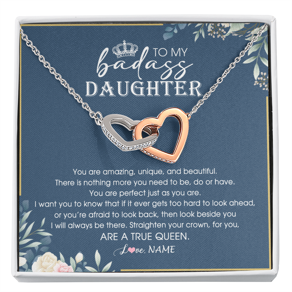 Interlocking Hearts Necklace | Personalized To My Daughter Necklace From Dad Mom Straighten Your Crown Queen Daughter Jewelry Birthday Graduation Christmas Customized Gift Box Message Card | siriusteestore