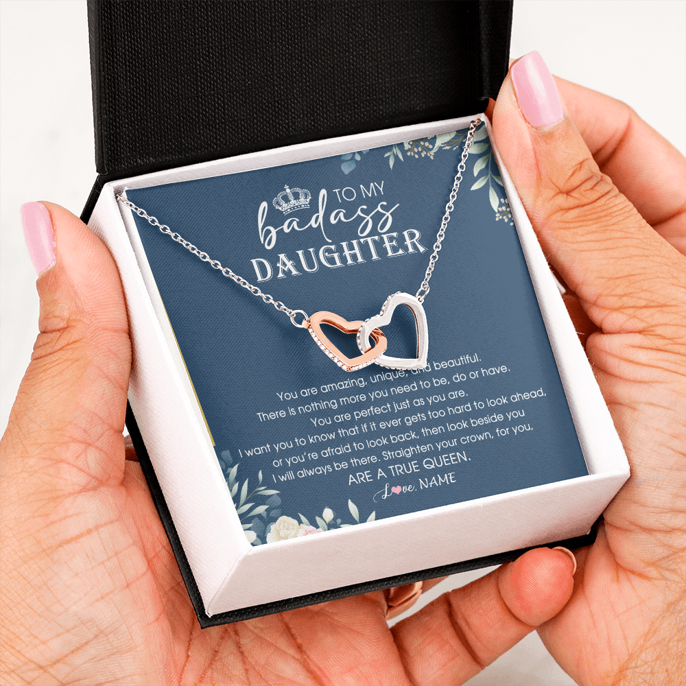 Interlocking Hearts Necklace | Personalized To My Daughter Necklace From Dad Mom Straighten Your Crown Queen Daughter Jewelry Birthday Graduation Christmas Customized Gift Box Message Card | siriusteestore