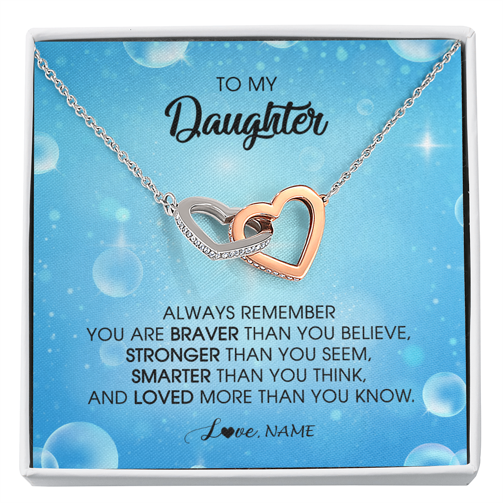 Interlocking Hearts Necklace | Personalized To My Daughter Necklace From Mom Dad Always Remember You Are Braver Daughter Jewelry Birthday Graduation Christmas Customized Message Card | siriusteestore
