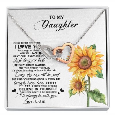 Interlocking Hearts Necklace | Personalized To My Daughter Necklace From Mom Mother Sunflower Wood Laugh Love Live Daughter Birthday Graduation Christmas Customized Gift Box Message Card | siriusteestore