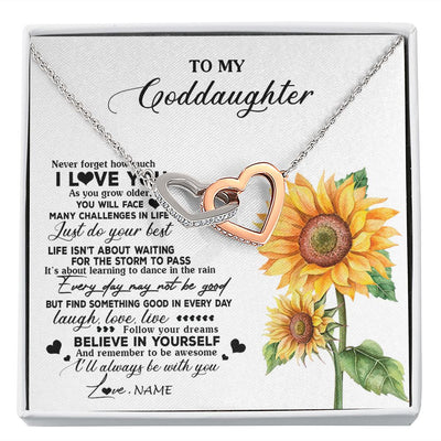 Interlocking Hearts Necklace | Personalized To My Goddaughter Necklace From Godmother Aunt Sunflower Wood Laugh Love Live Goddaughter Birthday Christmas Customized Gift Box Message Card | siriusteestore