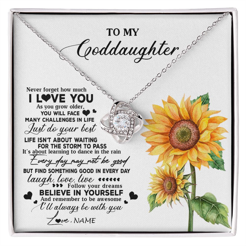 Love Knot Necklace | Personalized To My Goddaughter Necklace From Godmother Aunt Sunflower Wood Laugh Love Live Goddaughter Birthday Christmas Customized Gift Box Message Card | siriusteestore