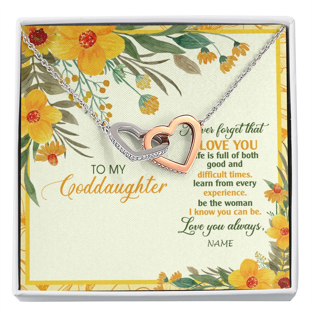 Interlocking Hearts Necklace | Personalized To My Goddaughter Necklace From Godmother Flower Never Forget That I Love You Goddaughter Birthday Christmas Customized Gift Box Message Card | siriusteestore
