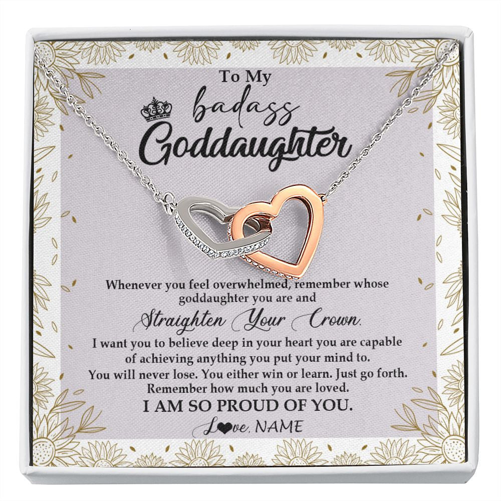 Interlocking Hearts Necklace | Personalized To My Goddaughter Necklace From Godmother Straighten Your Crown Goddaughter Birthday Graduation Christmas Jewelry Customized Gift Box Message Card | siriusteestore
