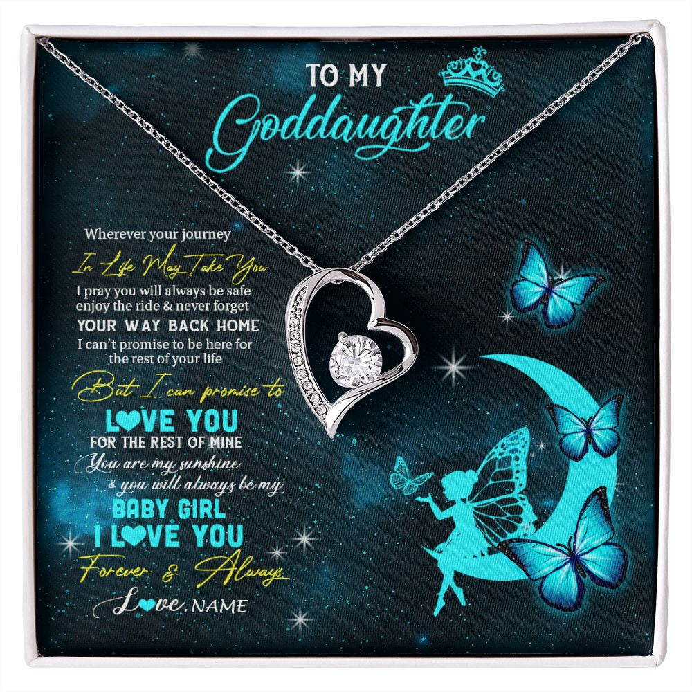 Forever Love Necklace | Personalized To My Goddaughter Necklace From Godmother Uncle Fairy Silhouette Fantasy Moon Goddaughter Birthday Christmas Customized Gift Box Message Card | siriusteestore