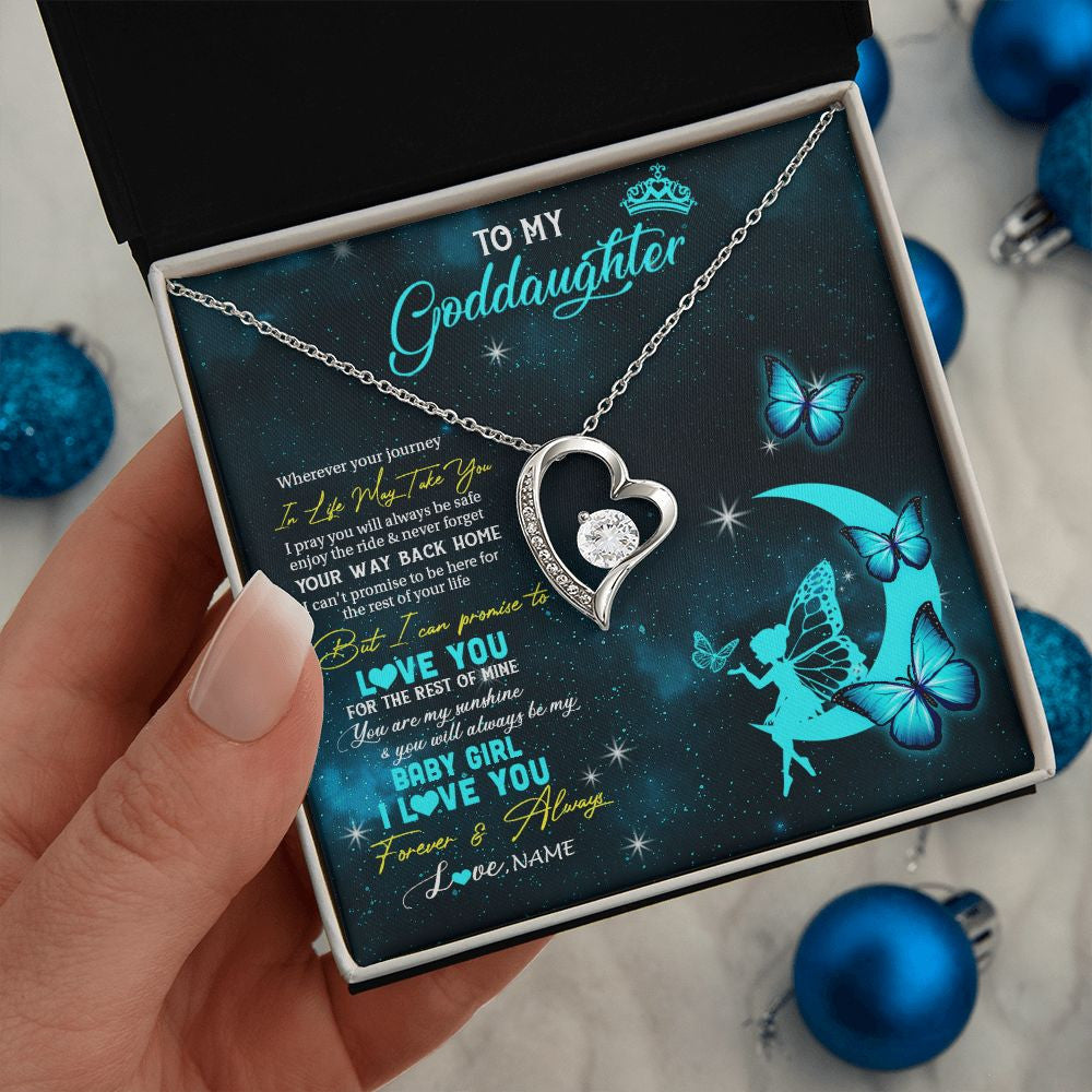 Forever Love Necklace | Personalized To My Goddaughter Necklace From Godmother Uncle Fairy Silhouette Fantasy Moon Goddaughter Birthday Christmas Customized Gift Box Message Card | siriusteestore