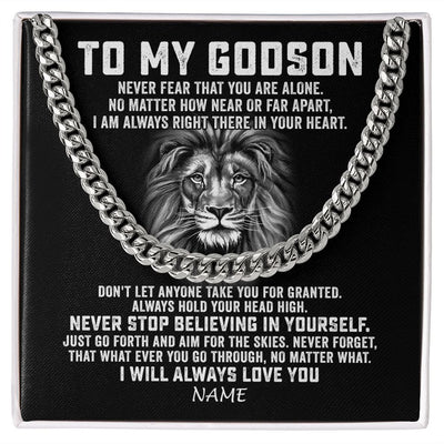 Cuban Link Chain Necklace | Personalized To My Godson Cuban Necklace From Uncle Aunt Never Fear That You Are Alone Lion Godson Birthday Christmas Customized Gift Box Message Card | siriusteestore