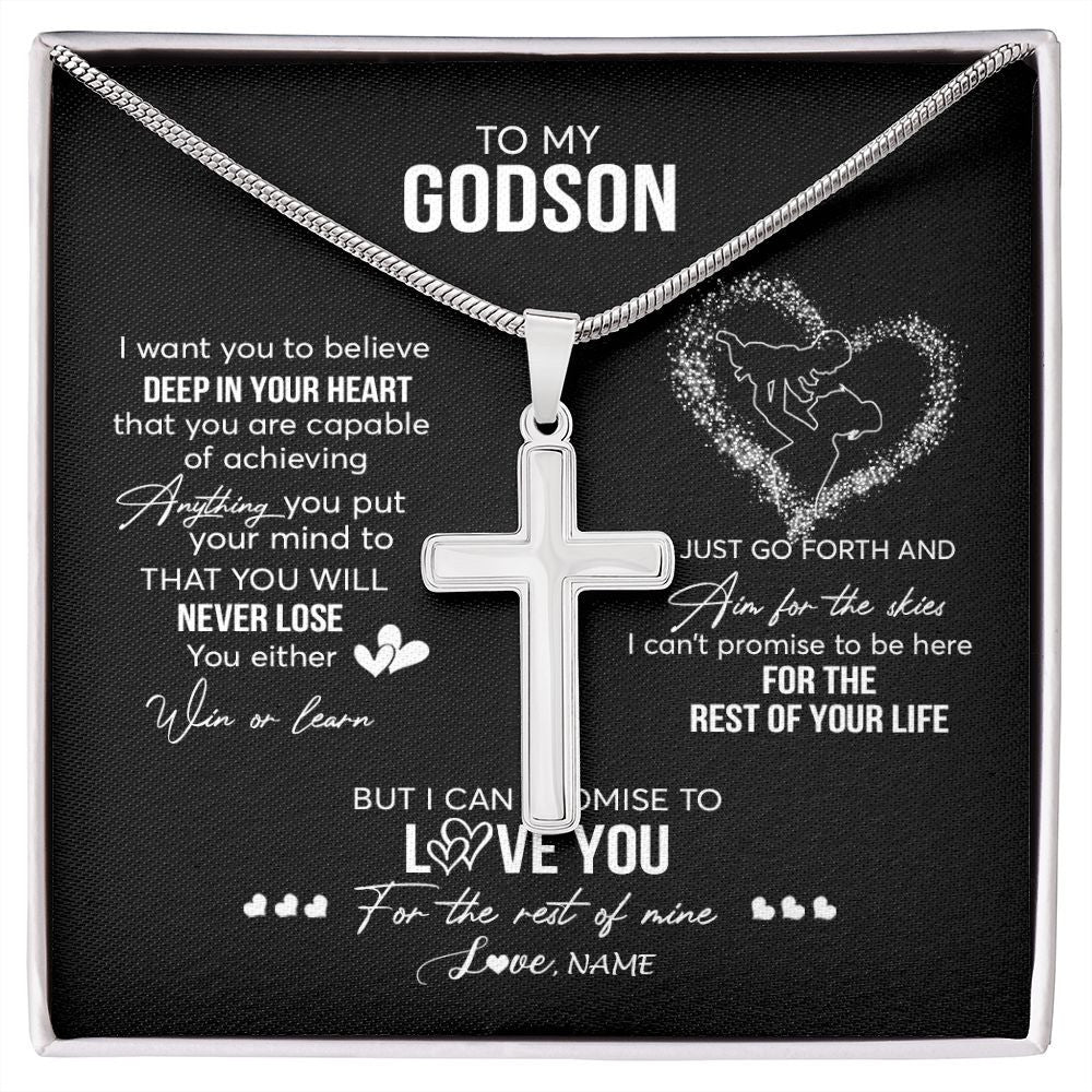 Stainless Cross Necklace | Personalized To My Godson Necklace From Godmother Aunt Promise To Love You Godson Birthday Graduation Christmas Pendant Customized Gift Box Message Card | siriusteestore
