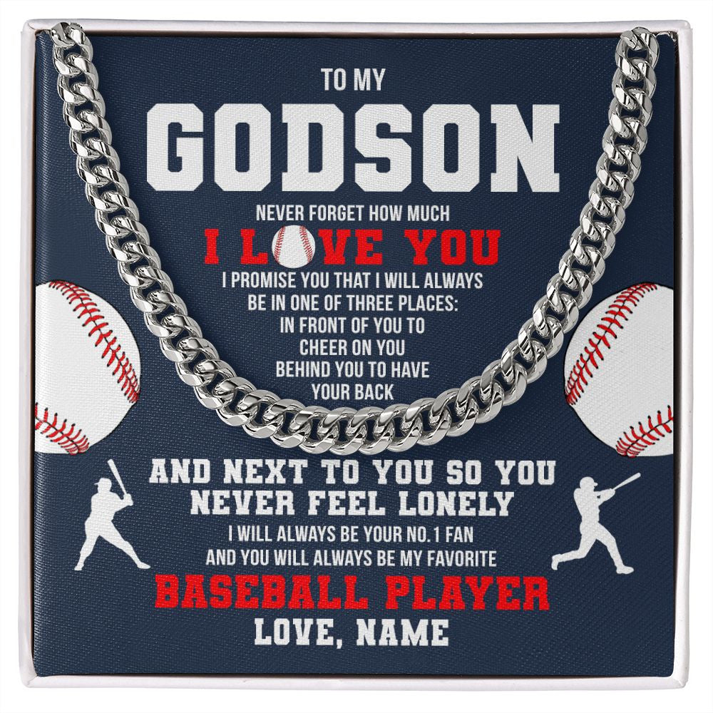 Cuban Link Chain Necklace | Personalized To My Godson Necklace From Godmother Uncle Aunt Never Forget I Love You Baseball Godchild Birthday Christmas Customized Gift Box Message Card | siriusteestore