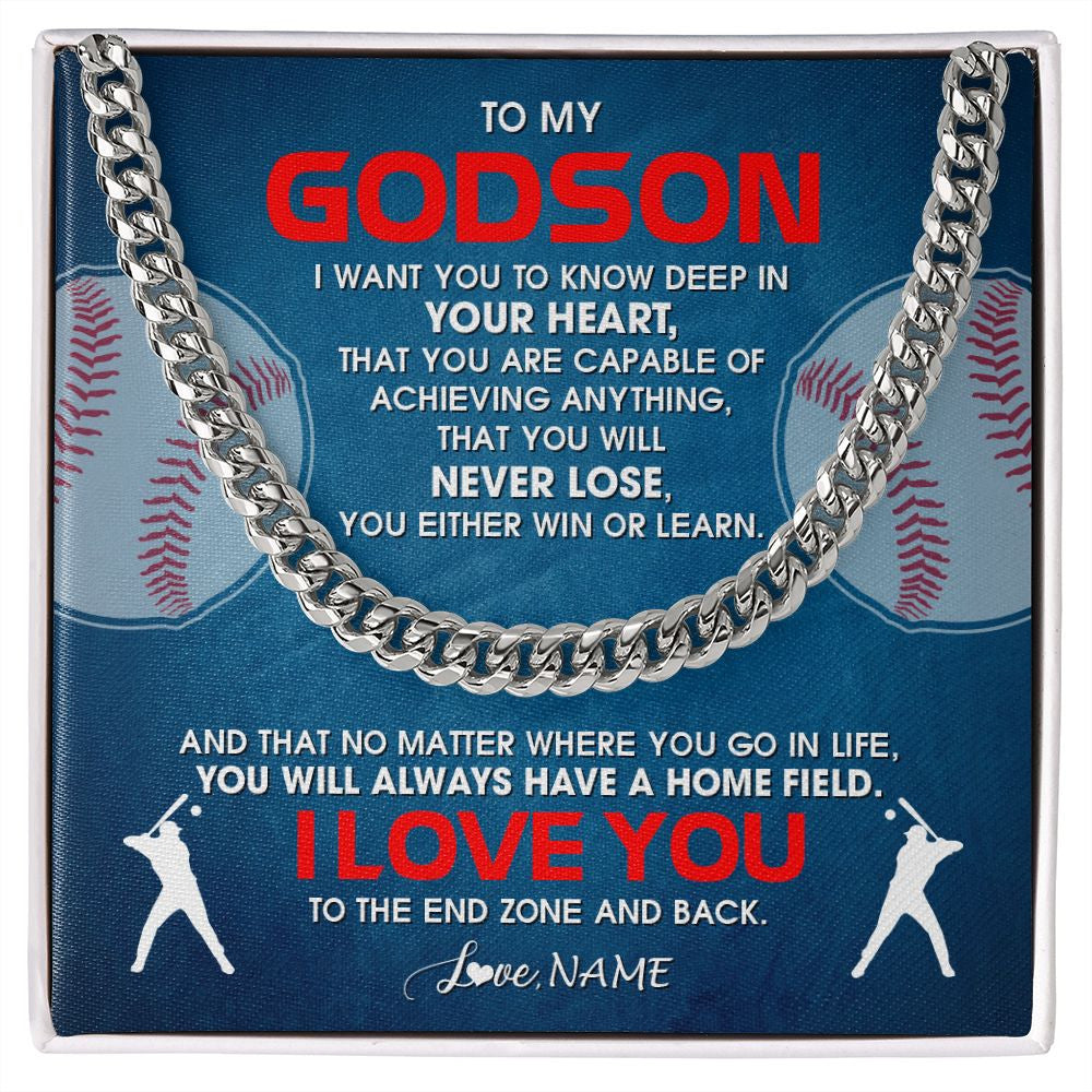 Cuban Link Chain Necklace | Personalized To My Godson Necklace From Godmother Uncle Aunt Never Lose Baseball Godchild Birthday Graduation Christmas Customized Gift Box Message Card | siriusteestore