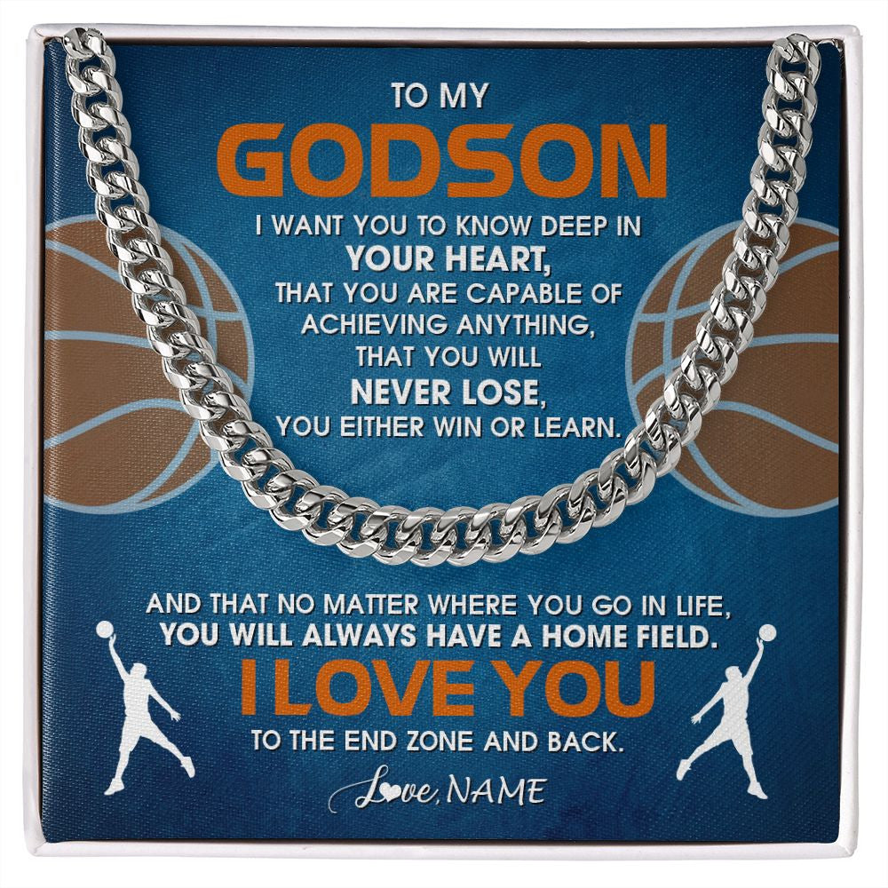 Cuban Link Chain Necklace | Personalized To My Godson Necklace From Godmother Uncle Aunt Never Lose Basketball Godchild Birthday Graduation Christmas Customized Gift Box Message Card | siriusteestore