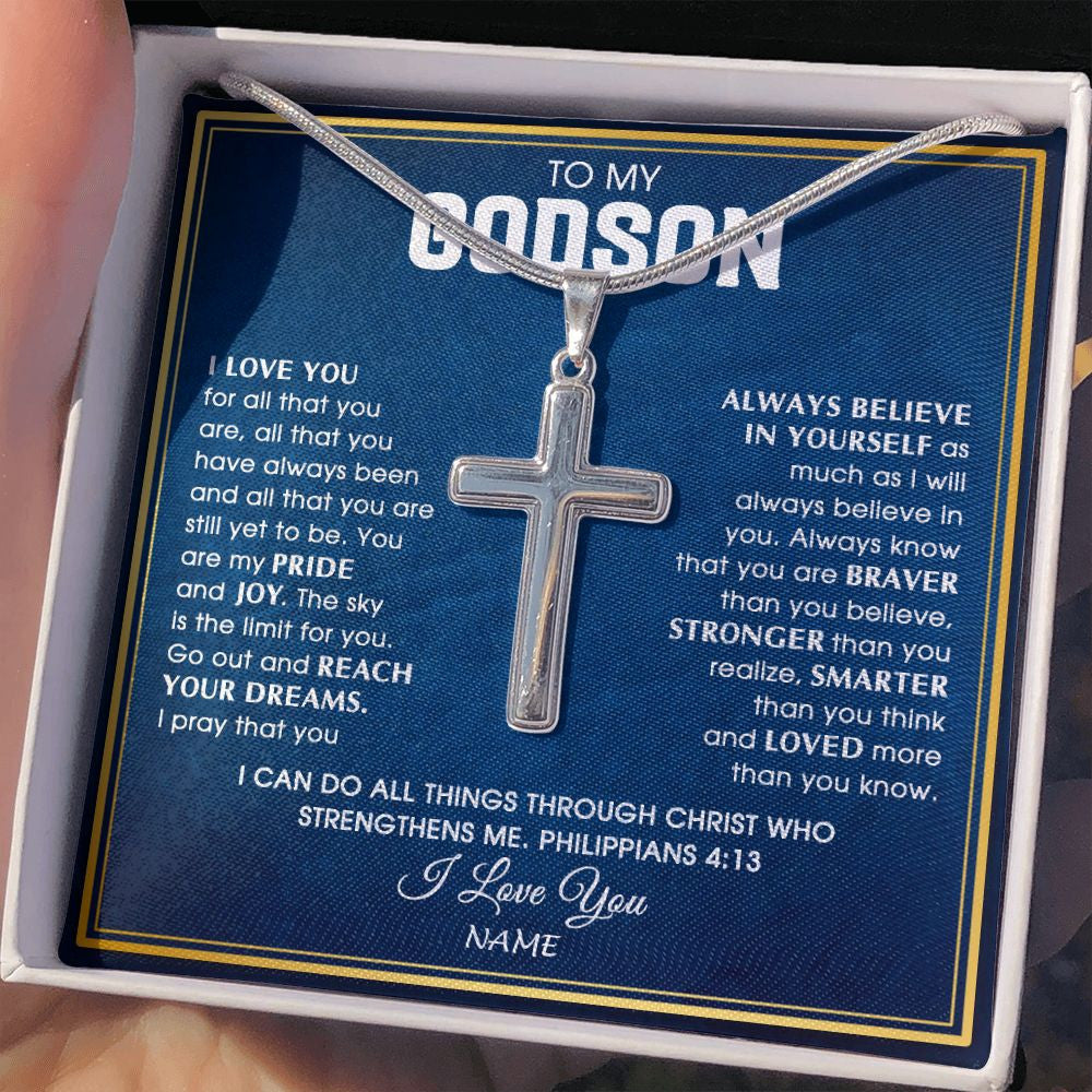 Stainless Cross Necklace | Personalized To My Godson Necklace from Godfather Uncle I Love You For All That You Are Godson Birthday Graduation Christmas Customized Gift Box Message Card | siriusteestore