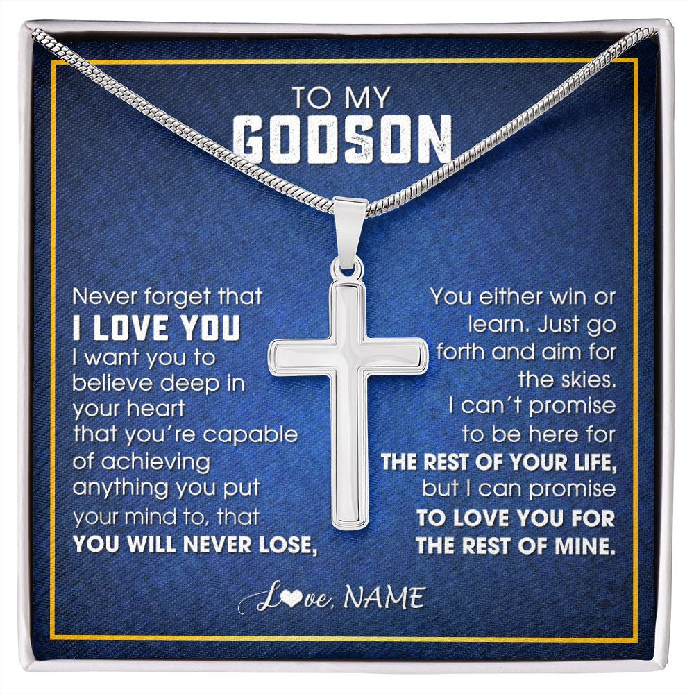 Stainless Cross Necklace | Personalized To My Godson Necklace from Godfather Uncle Never Forget That I Love You Godson Birthday Graduation Christmas Customized Gift Box Message Card | siriusteestore