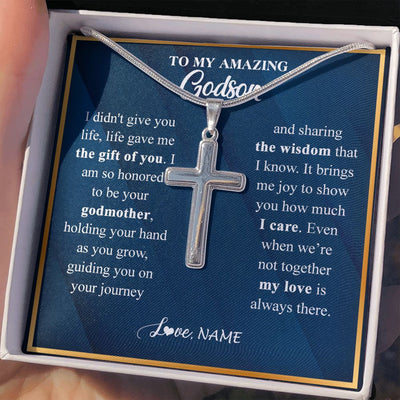 Stainless Cross Necklace | Personalized To My Godson Necklace from Godmother Aunt Life Gave Me The Gift Of You Godson Birthday Graduation Christmas Customized Gift Box Message Card | siriusteestore