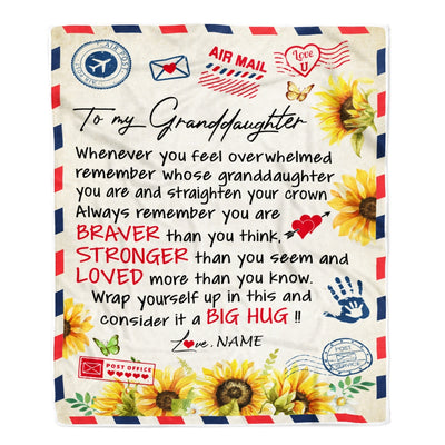 Personalized To My Granddaughter Blanket from Grandma Air Mail Letter Braver Stronger Loved Sunflower Birthday Graduation Christmas Customized Fleece Blanket | siriusteestore