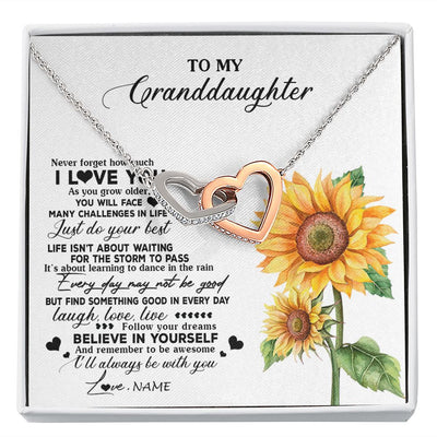 Interlocking Hearts Necklace | Personalized To My Granddaughter Necklace From Grandma Nana Sunflower Wood Laugh Love Live Granddaughter Birthday Christmas Customized Gift Box Message Card | siriusteestore