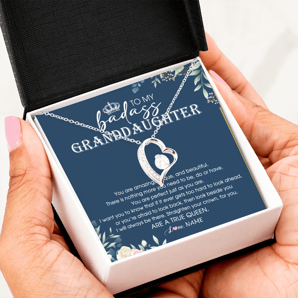 Forever Love Necklace | Personalized To My Granddaughter Necklace From Grandma Straighten Your Crown Queen Granddaughter Jewelry Birthday Christmas Customized Gift Box Message Card | siriusteestore