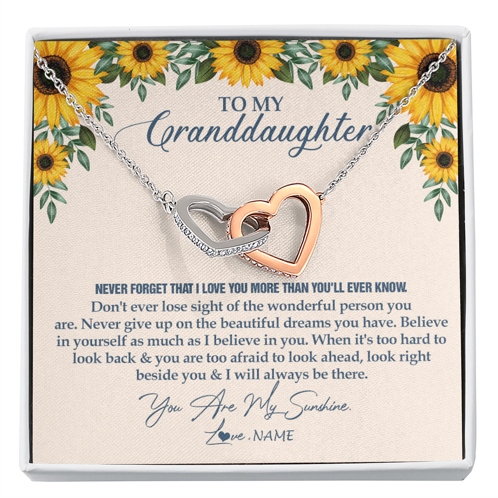 Interlocking Hearts Necklace | Personalized To My Granddaughter Necklace From Grandma Sunflower You Are My Sunshine Granddaughter Jewelry Graduation Birthday Customized Gift Box Message Card | siriusteestore