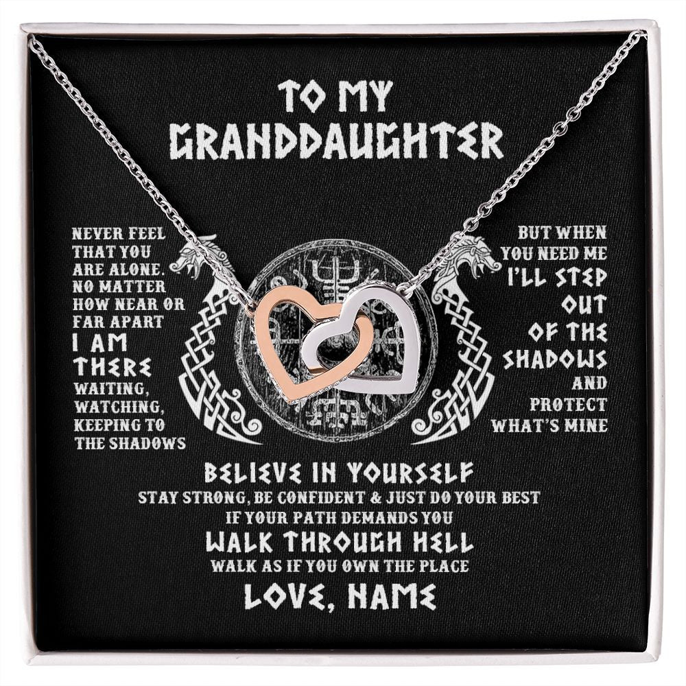 Interlocking Hearts Necklace | Personalized To My Granddaughter Necklace Viking Never Feel You Are Alone Odin Scandinavian Norse Runes Birthday Christmas Customized Gift Box Message Card | siriusteestore