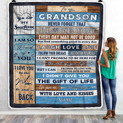 Personalized To My Grandson Blanket From Mom Grandma Grandpa I Love You Wood Grandson Birthday Christmas Thanksgiving Graduation Customized Fleece Blanket | siriusteestore