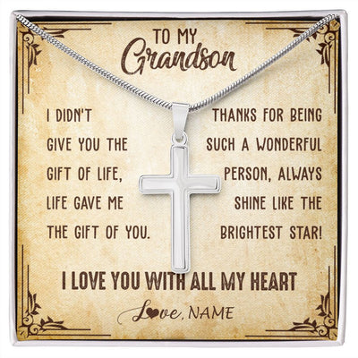 Stainless Cross Necklace | Personalized To My Grandson Necklace From Grandma Grandpa I Love You With All My Heart Grandson Birthday Graduation Christmas Customized Gift Box Message Card | siriusteestore