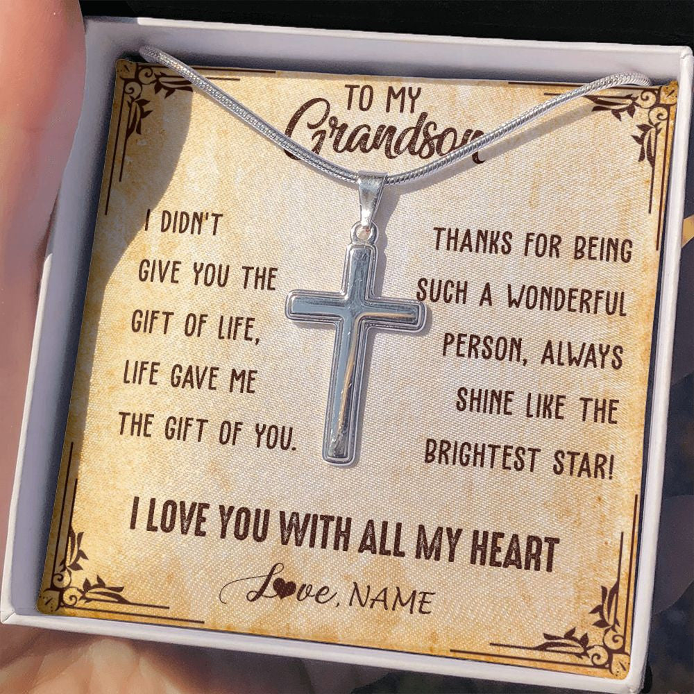 Stainless Cross Necklace | Personalized To My Grandson Necklace From Grandma Grandpa I Love You With All My Heart Grandson Birthday Graduation Christmas Customized Gift Box Message Card | siriusteestore