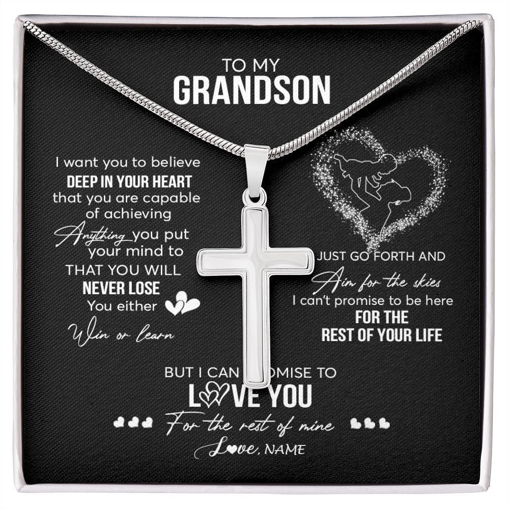 Stainless Cross Necklace | Personalized To My Grandson Necklace From Grandma Nana Promise To Love You Grandson Birthday Christmas Pendant Customized Gift Box Message Card | siriusteestore