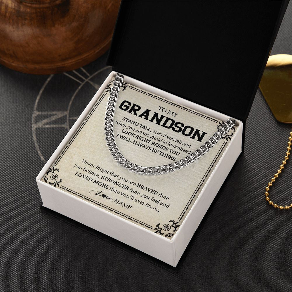 Cuban Link Chain Necklace | Personalized To My Grandson Necklace From Grandma Never Forget That You Are Braver Grandson Birthday Graduation Christmas Customized Gift Box Message Card | siriusteestore