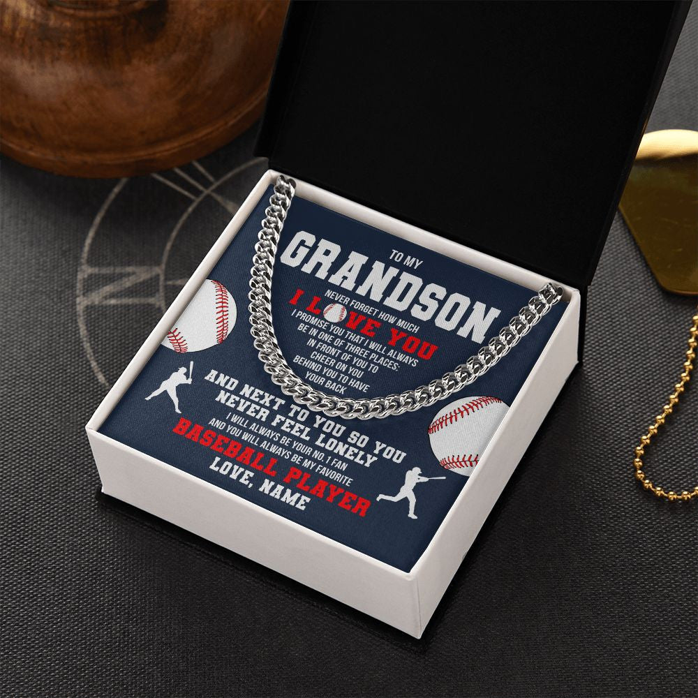 Cuban Link Chain Necklace | Personalized To My Grandson Necklace From Grandma Papa Never Forget I Love You Baseball Grandson Birthday Christmas Customized Gift Box Message Card | siriusteestore