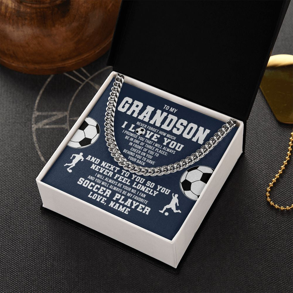 Cuban Link Chain Necklace | Personalized To My Grandson Necklace From Grandma Papa Never Forget I Love You Soccer Grandson Birthday Christmas Customized Gift Box Message Card | siriusteestore