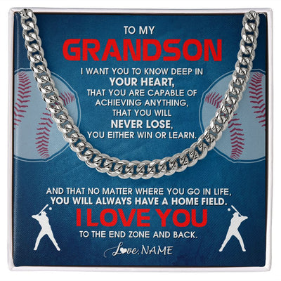 Cuban Link Chain Necklace | Personalized To My Grandson Necklace From Grandma Papa Never Lose Baseball Grandson Birthday Graduation Christmas Customized Gift Box Message Card | siriusteestore