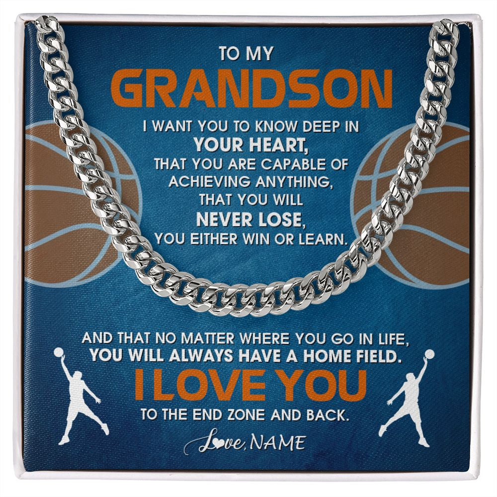 Cuban Link Chain Necklace | Personalized To My Grandson Necklace From Grandma Papa Never Lose Basketball Grandson Birthday Graduation Christmas Customized Gift Box Message Card | siriusteestore