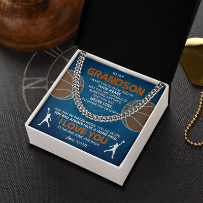 Cuban Link Chain Necklace | Personalized To My Grandson Necklace From Grandma Papa Never Lose Basketball Grandson Birthday Graduation Christmas Customized Gift Box Message Card | siriusteestore