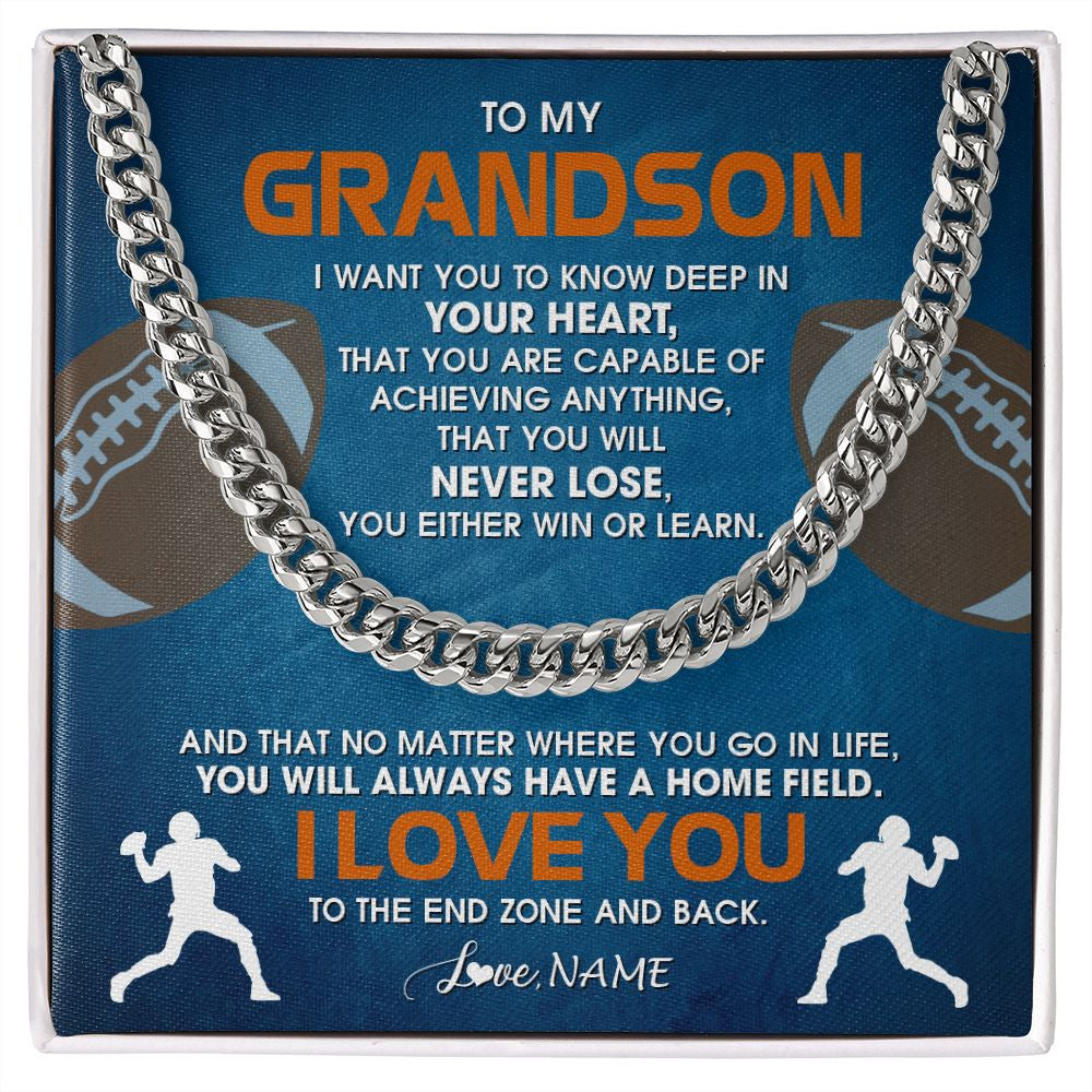 Cuban Link Chain Necklace | Personalized To My Grandson Necklace From Grandma Papa Never Lose Football Grandson Birthday Graduation Christmas Customized Gift Box Message Card | siriusteestore