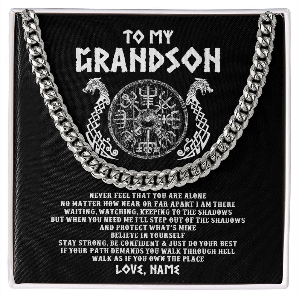 Cuban Link Chain Necklace | Personalized To My Grandson Necklace Viking Never Feel You Are Alone Odin Scandinavian Norse Runes Grandson Birthday Christmas Customized Gift Box Message Card | siriusteestore