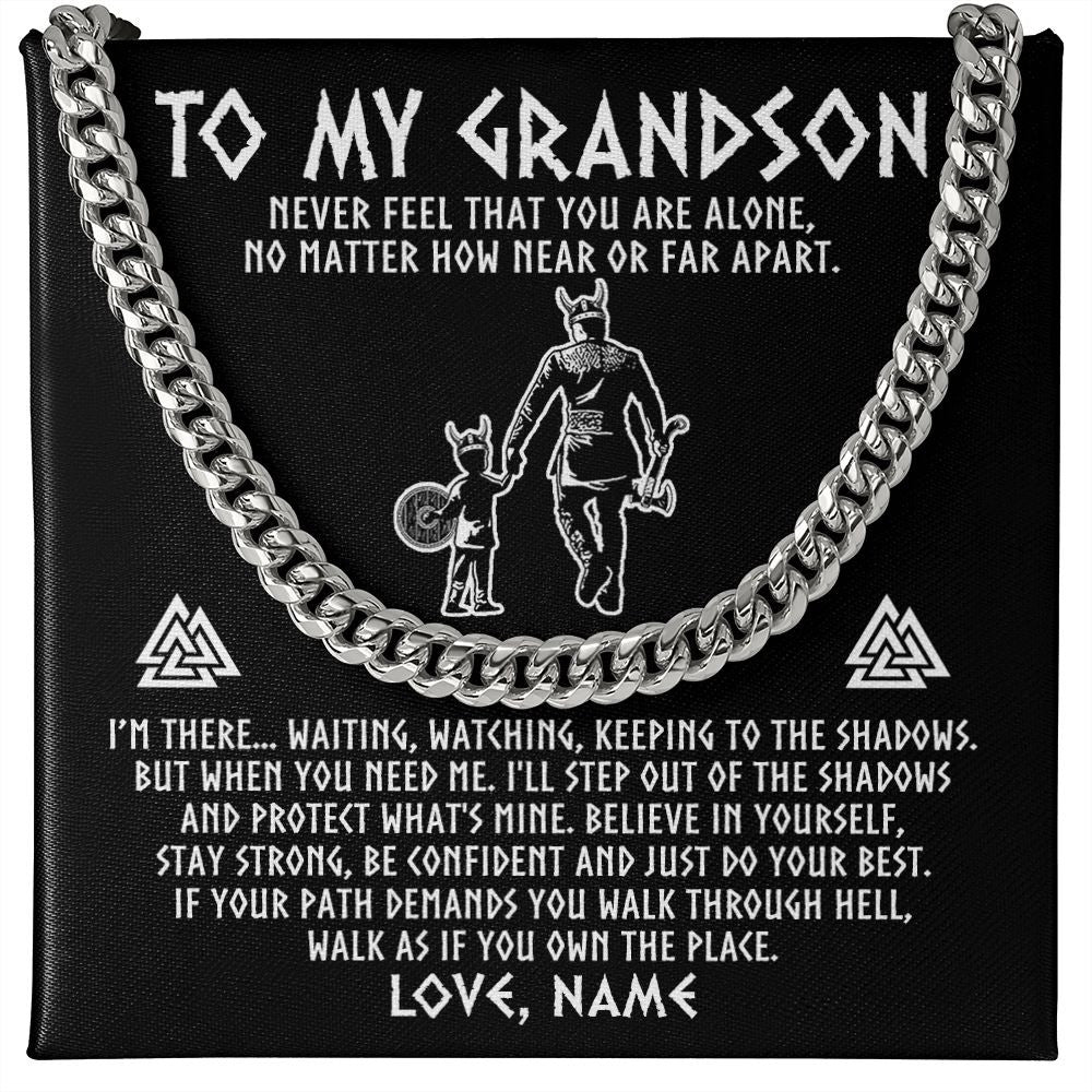 Cuban Link Chain Necklace | Personalized To My Grandson Necklace Viking Never Feel You Are Alone Scandinavian Runes Viking Grandson Birthday Christmas Customized Gift Box Message Card | siriusteestore