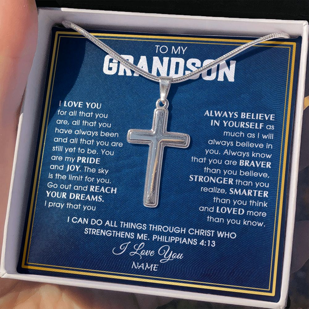 Stainless Cross Necklace | Personalized To My Grandson Necklace from Grandma Papa I Love You For All That You Are Grandson Birthday Graduation Christmas Customized Gift Box Message Card | siriusteestore