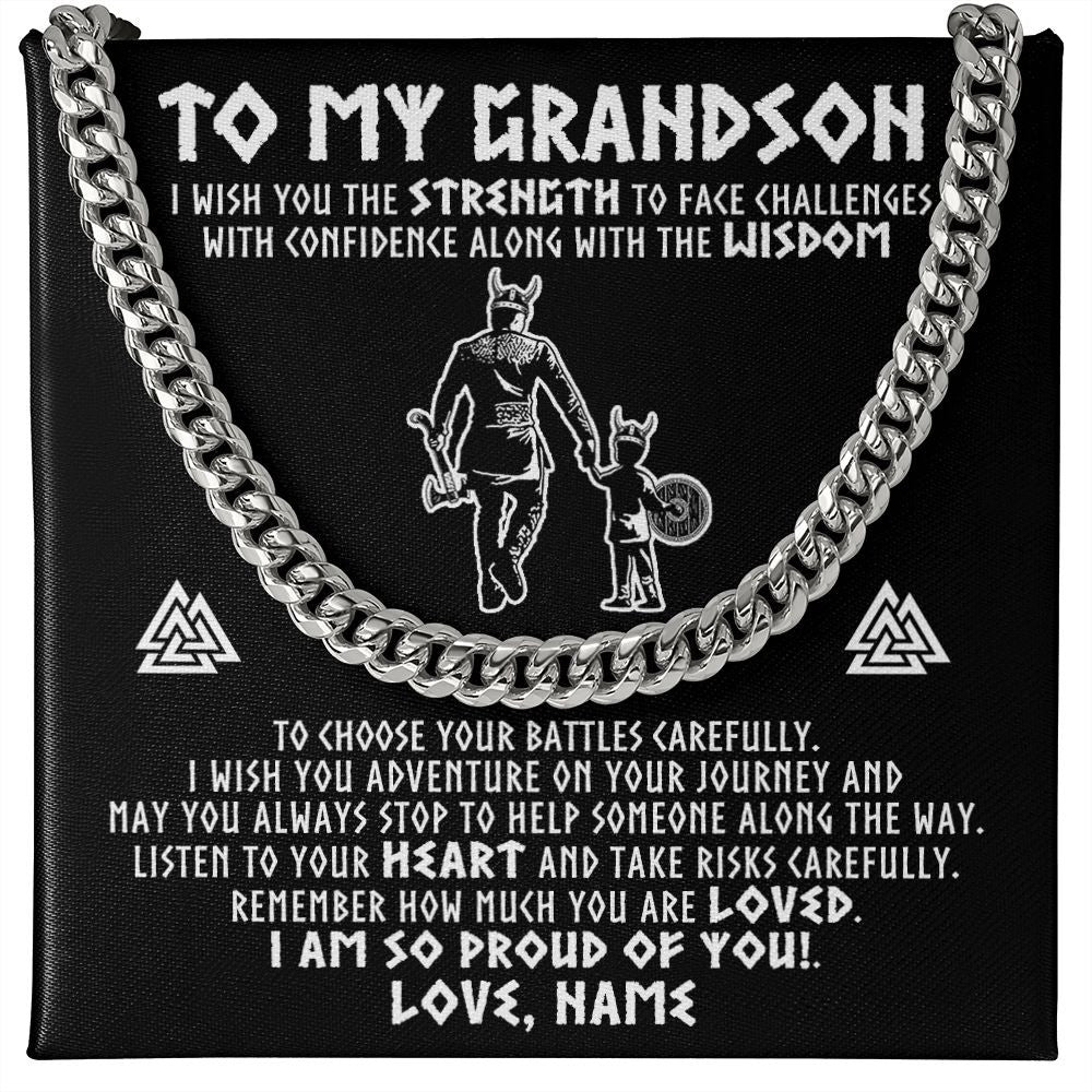 Cuban Link Chain Necklace | Personalized To My Grandson Viking Necklace From Papa Grandpa I Am So Proud Of You Runes Viking Grandson Birthday Christmas Customized Gift Box Message Card | siriusteestore