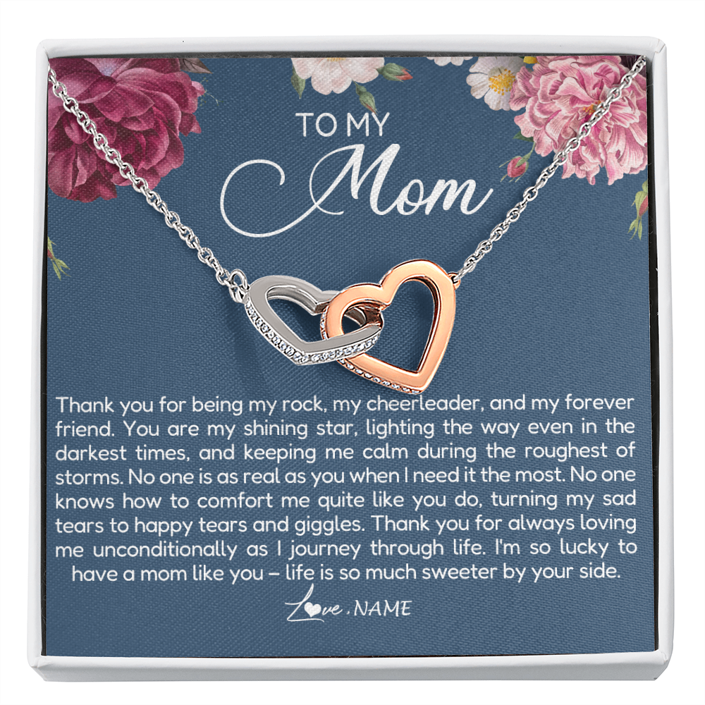 Interlocking Hearts Necklace | Personalized To My Mom Necklace From Daughter Thank You For Being My Rock Mom Birthday Mothers Day Christmas Pendant Jewelry Customized Gift Box Message Card | siriusteestore