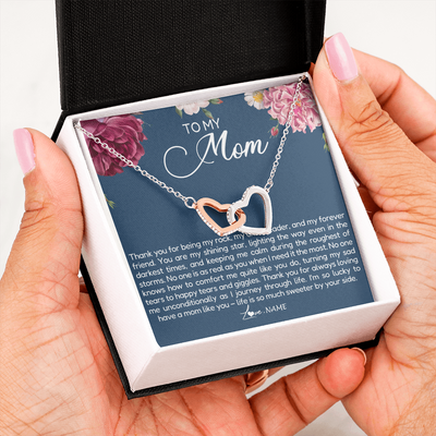 Interlocking Hearts Necklace | Personalized To My Mom Necklace From Daughter Thank You For Being My Rock Mom Birthday Mothers Day Christmas Pendant Jewelry Customized Gift Box Message Card | siriusteestore