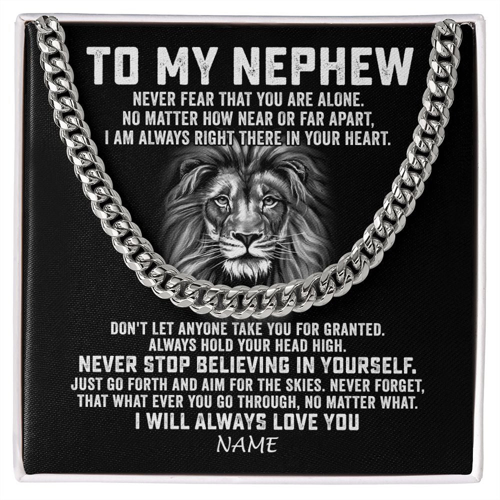 Cuban Link Chain Necklace | Personalized To My Nephew Cuban Necklace From Aunt Uncle Never Fear That You Are Alone Lion Nephew Birthday Christmas Customized Gift Box Message Card | siriusteestore