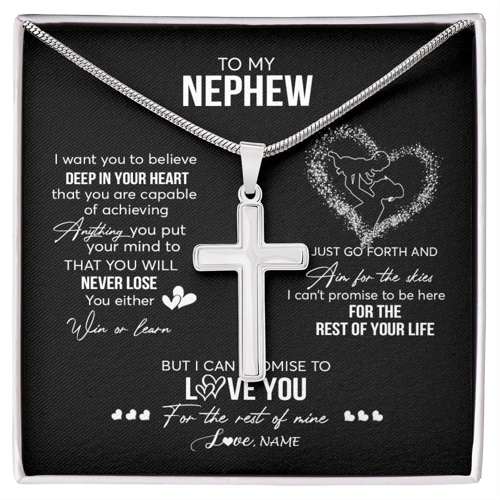 Stainless Cross Necklace | Personalized To My Nephew Necklace From Aunt Aunty Promise To Love You Nephew Birthday Graduation Christmas Pendant Customized Gift Box Message Card | siriusteestore