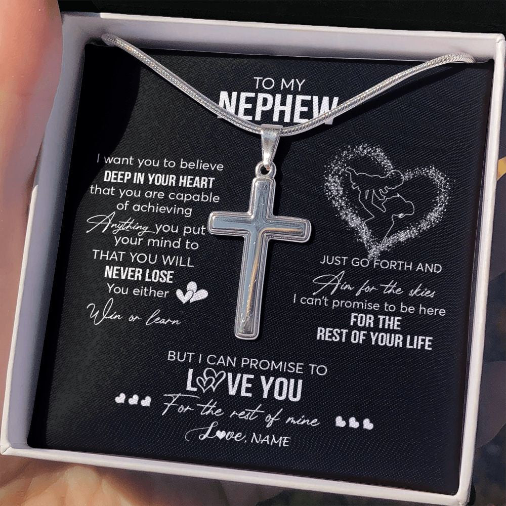 Stainless Cross Necklace | Personalized To My Nephew Necklace From Aunt Aunty Promise To Love You Nephew Birthday Graduation Christmas Pendant Customized Gift Box Message Card | siriusteestore